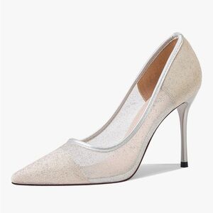 Clear Glitter Pointed Toe Stiletto Pumps – Silver Mesh Wedding/Evening Heels